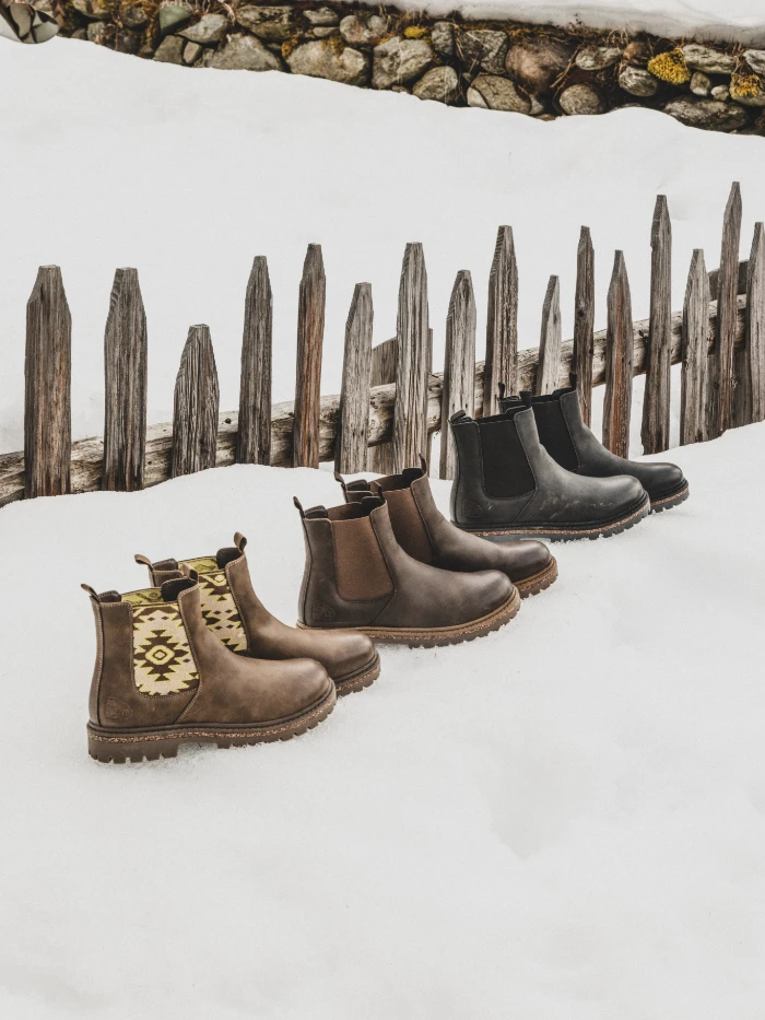 Lineup of leather Chelsea boots in brown and black set on snow in front of a wooden fence