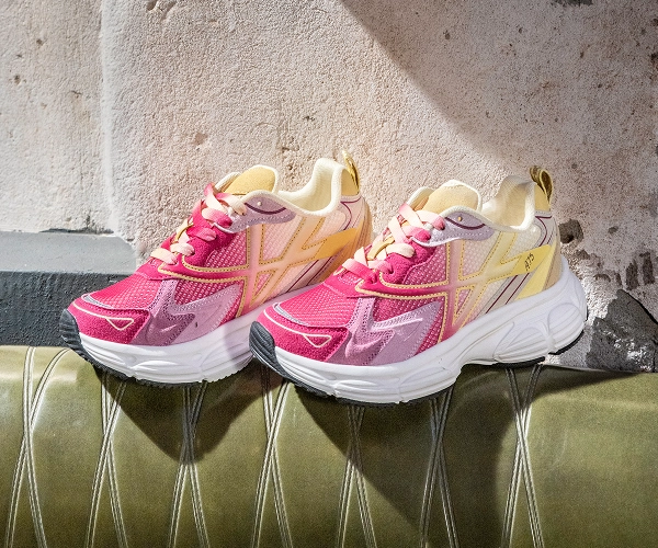 Pink and yellow Americanino women’s sport sneakers with chunky sole, stylish casual running-inspired shoes.